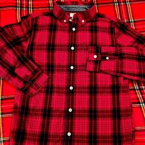 Boys super cute red and black plaid button down shirt EUC size 10-12 L
